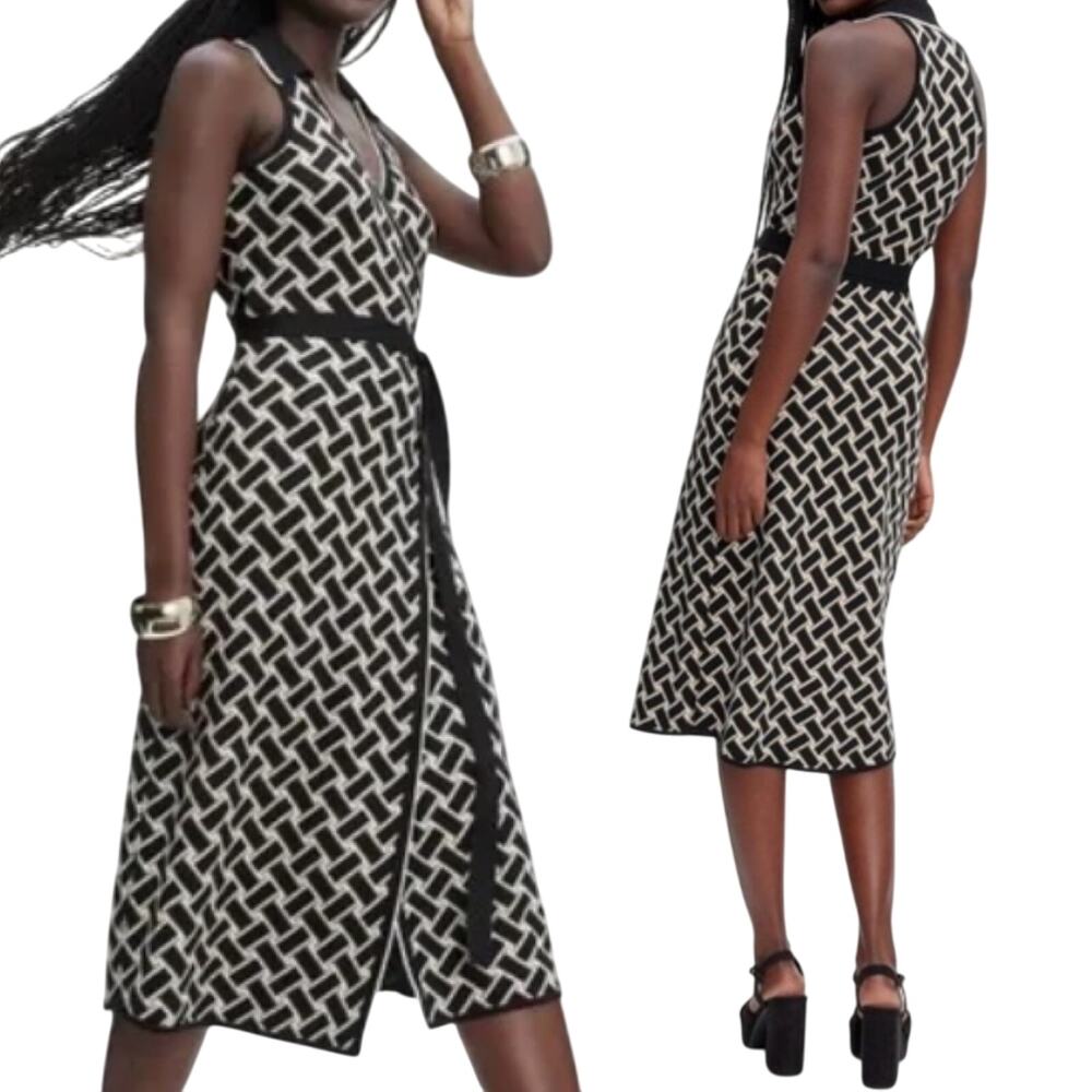 DVF x Target Collared Sleeveless Knit Midi Wrap Dress Vintage Weave Pattern XXS